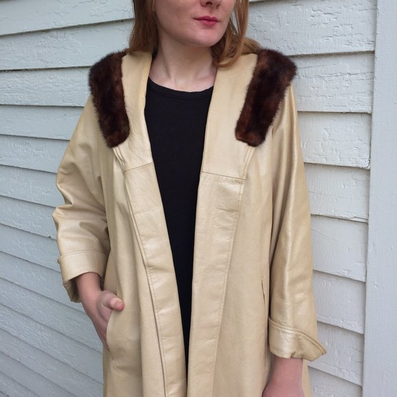 Open Front Leather Coat 60s Champagne Ivory Pleather Fur Trim Midcentury - Picture 4 of 8